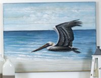 36" x 48" Pelican Flying On Beach On Slats Wall Plaque