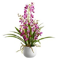 22" Faux Purple Mini Cymbidium In White Pot