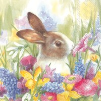5" Square Brown and White Bunny In Flowers Beverage Napkin
