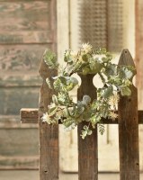 6.5" Opening Faux Cream Flowers With Frosted Green Leaves Candle Ring