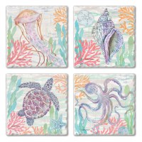 Set of 4/ 4" Tumbled Tile Assorted Multipastel Sea Life Coasters