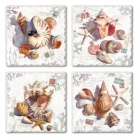 Set of 4/ 4" Tumbled Tile Assorted Sun Shells Coasters