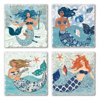 Set of 4/ 4" Tumbled Tile Assorted Mermaids Coasters