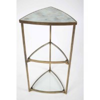 14" 3 Tier Triangle Accent Table In Distressed Brass With Glass Tops