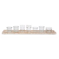 Set of 7 Clear Votive Candleholders In 22" Beaded Wooden Tray by Mud Pie