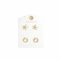 Set of 2 Gold Tone Starfish and Round Earrings