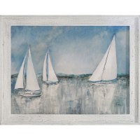 36" x 46" Three White Sailboats Gel Textured Coastal Print in a Distressed White Frame