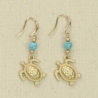 Gold Tone Turtles With Turquoise Earrings