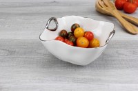5" Small White With Silver Rim Square Porcelain Bowl with Handles by Pampa Bay