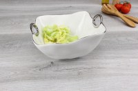 9" Medium White With Silver Rim Square Porcelain Bowl with Handles by Pampa Bay
