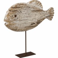 10" Whitewashed Wooden Fish On Metal Base