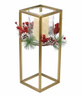 15" LED Candle With Glass Hurricane and Pine Berry Gold Square Base