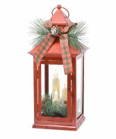 14" Red Lantern With Plaid Bow and LED Taper Candles