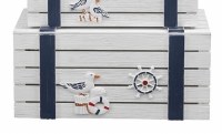 30" White and Blue Slatted Wood Seagull Chest