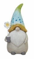10" Blue and Green Hat Ceramic Gnome With Flower