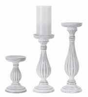 Set of 3 White and Gray Ribbed Pillar Candle Holders