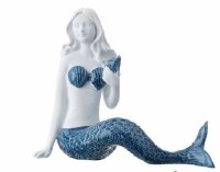 5" Navy and White Polyresin Faux Ceramic Mermaid With Shell