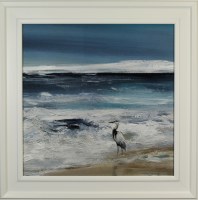 30" SQ Heron on Beach 2 Gel Textured Coastal Print With White Frame