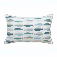 12" x 21" Blue, Green and Tan Embroidered Fish Lumbar Pillow