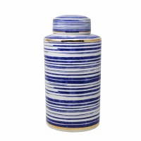 16" Blue, White and Gold Striped Ceramic Jar With Lid