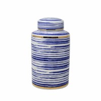 12" Blue, White and Gold Striped Ceramic Jar With Lid