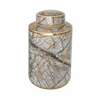 12" White, Gold and Green Marbled Jar With Lid