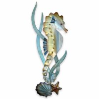 32" Blue and Gold Seahorse in Seaweed Coastal Metal Wall Art Plaque
