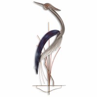 35" Blue and Silver Elegant Heron Facing Left Coastal Metal Wall Art Plaque