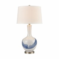 32" White With Blue Brushed Stripes Ceramic Table Lamp