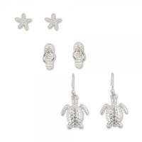 Set of 3 Silver Starfish, Flip Flops, and Turtle Earrings