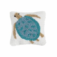 8" Square Blue Turtle Hooked Pillow