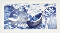 25" x 45" Blue and White Dinghys Gel Textured Print in a White Frame