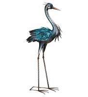 31" Silver and Blue Iridescent Metal Heron With Head Up Garden Decor