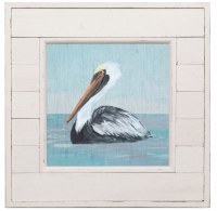 14" Square Pelican Profile Coastal Print in a Distressed White Shiplap Frame Under Glass