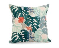 18" Square Coral Hibiscus and Green Tropical Leaves Pillow