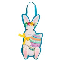 23" White Bunny With Flower Crown Holding an Egg Door Hanger