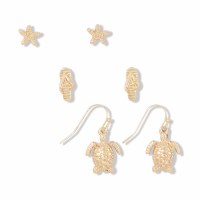 Set of 3 Gold Tone Starfish, Flip Flops, and Turtle Earring Set