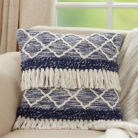 18" Square Two-toned Blue and Ivory Fringe Moroccan Pillow