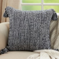 22" Square Navy and White Corner Tasseled Pillow