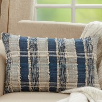 16" x 24" Blue and Natural Striped Woven Pillow