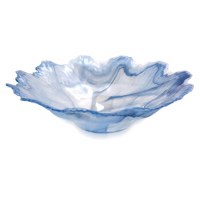 16" Round Blue and White Swirls Wavy Edged Murano Glass Centerpiece Bowl