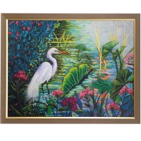 30" x 39" White Egret With Multicolor Plants Gel Textured Framed Wall Art