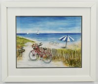 24" x 28" Red, White, and Blue Beach Bike Ride 1 Coastal Framed Print Under Glass