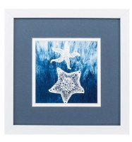 11" Square White Starfish in Water With Blue Mat and White Frame Under Glass