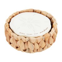 Set of 4 4" Round White Polyresin Sand Dollar Coasters With Water Hyacinth Basket by Mud Pie