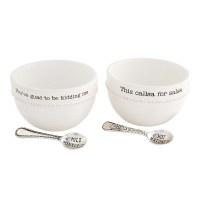 Set of 2 4" Round White Ceramic Salsa & Guac Bowls With Silver Spoons by Mud Pie