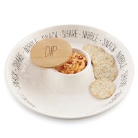 12" Round White Ceramic Chip & Dip Server With Removable Wood Dip Lid by Mud Pie