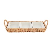 16" Water Hyacinth Serving Tray With Three Removable Stoneware Serving Dishes by Mud Pie