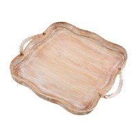 18" Square Whitewashed Wood Scallop Tray With Beaded Handles by Mud Pie