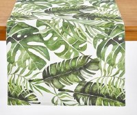 72" White With Green Tropical Leaves Fabric Table Runner